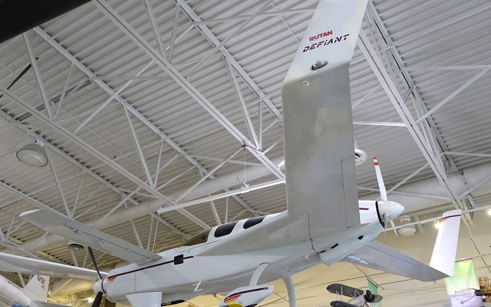 The Rutan Defiant Model 40 prototype aircraft on display at the Hiller Aviation Museum in San Carlos, California
